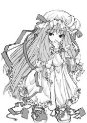 Rule 34 | 1girl, book, bow, crescent, crescent hair ornament, dress, eyebrows, female focus, finger to mouth, flowergarden, full body, greyscale, hair bow, hair ornament, hat, hat ribbon, long hair, long sleeves, mob cap, monochrome, patchouli knowledge, ribbon, shoes, sidelocks, simple background, smile, solo, standing, touhou, very long hair, white background