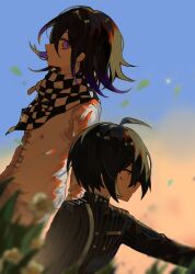 Rule 34 | 2boys, absurdres, ahoge, black hair, blue sky, checkered clothes, checkered scarf, csuf3227, danganronpa (series), danganronpa v3: killing harmony, evening, facing away, formal, from side, gradient sky, hair between eyes, highres, leaf, light smile, looking ahead, looking at viewer, male focus, multicolored hair, multiple boys, oma kokichi, on grass, outdoors, pinstripe pattern, pinstripe suit, profile, purple eyes, purple hair, saihara shuichi, scarf, short hair, sitting, sky, standing, suit, two-tone hair, upper body, yellow eyes, yellow sky