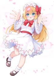 Rule 34 | 1girl, blonde hair, blue eyes, bow, bowtie, breasts, falling petals, full body, hat, lily white, long hair, mary janes, open hands, open mouth, petals, reaching, reaching towards viewer, red bow, red bowtie, rururiaru, shirt, shoes, skirt, small breasts, socks, touhou, white background, white hat, white shirt, white skirt, white socks, wide sleeves, wings
