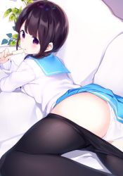 Rule 34 | 1girl, ass, black pantyhose, blue sailor collar, blue skirt, braid, brown hair, chikuwa., clothes pull, commentary request, food, hair over shoulder, holding, holding food, long hair, long sleeves, looking at viewer, looking back, lying, on back, on stomach, original, panties, pantyhose, pantyhose pull, plant, pleated skirt, popsicle, red eyes, sailor collar, school uniform, serafuku, shirt, sidelocks, skirt, sleeves past wrists, solo, tongue, tongue out, underwear, white panties, white shirt