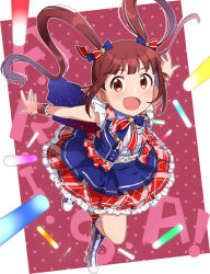 Rule 34 | 1girl, :d, blue jacket, blush, boots, bow, brown eyes, brown hair, character name, confetti, dress, frills, from above, full body, glowstick, hair bow, high heel boots, high heels, highres, idol clothes, idolmaster, idolmaster million live!, jacket, long hair, looking at viewer, matsuda arisa, open mouth, outstretched arms, red background, red skirt, skirt, sleeveless, smile, solo, tahara emu, twintails