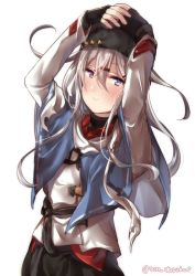 Rule 34 | 1girl, anchor necklace, bad id, bad twitter id, black bow, black gloves, black hat, black skirt, blue eyes, blue shawl, bow, cosplay, cowboy shot, fingerless gloves, fur hat, gloves, hair bow, hair ornament, hairclip, hat, hibiki (kancolle), holding, holding clothes, holding hat, jacket, jewelry, juurouta, kantai collection, long hair, looking at viewer, necklace, papakha, ribbon trim, scarf, shawl, simple background, skirt, solo, tashkent (kancolle), tashkent (kancolle) (cosplay), torn clothes, torn scarf, twitter username, verniy (kancolle), white background, white hair, white jacket, white scarf