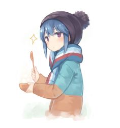 Rule 34 | 1girl, :&lt;, beanie, blue hair, blush, bowl, from side, hat, holding, holding spoon, jacket, long sleeves, looking at viewer, poco (asahi age), pom pom (clothes), purple eyes, scarf, shima rin, short hair, simple background, solo, sparkle, spoon, striped clothes, striped scarf, upper body, white background, winter clothes, yurucamp