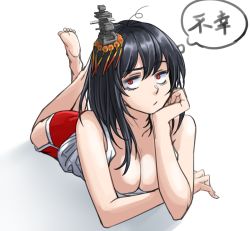 Rule 34 | 1girl, alternate costume, barefoot, black hair, breasts, head rest, cleavage, collarbone, commentary request, hair ornament, highres, kantai collection, looking at viewer, lying, on stomach, red eyes, red shorts, shirt, short hair, shorts, sketch, solo, sozan, thought bubble, translation request, white shirt, yamashiro (kancolle)
