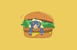 Rule 34 | 1girl, blue eyes, blue hair, bow, burger, cheese, chibi, fang, food, food focus, gomau (gomadareeee ), hair bow, highres, lettuce, long hair, low-tied long hair, mini person, minigirl, musical note tattoo, notice lines, on food, open mouth, otomachi una, otomachi una (sugar), sesame seeds, simple background, skin fang, vocaloid, yellow background