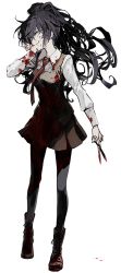 Rule 34 | 10s, 1girl, akuma no riddle, blood, blood on clothes, blood on face, blood on hands, blood on shoes, boots, collar, full body, licking lips, long hair, long sleeves, minakata sunao, necktie, pantyhose, pleated skirt, scissors, shirt, skirt, solo, standing, striped, takechi otoya, tongue, tongue out, vertical stripes, vest, white shirt