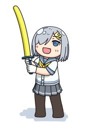Rule 34 | 1girl, black pantyhose, blue eyes, commentary request, full body, grey sailor collar, grey skirt, hair ornament, hair over one eye, hairclip, hama! (3toshinhmkz), hamakaze (kancolle), holding, holding sword, holding weapon, kantai collection, looking at viewer, neckerchief, no nose, pantyhose, pleated skirt, sailor collar, school uniform, serafuku, short hair, silver hair, simple background, skirt, smile, solo, standing, sword, toy sword, weapon, white background, yellow neckerchief