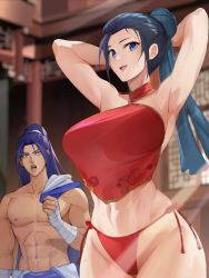 Rule 34 | 1boy, 1girl, abs, absurdres, arm behind head, arms up, bandages, bikini, bikini bottom only, black hair, blue eyes, blue hair, blurry, blurry background, breasts, guardian tales, hair bun, highres, indoors, kung fu master fei, kung fu master mei, large breasts, long hair, looking at viewer, mk87, navel, open mouth, ponytail, single hair bun, sweat, swimsuit, toned