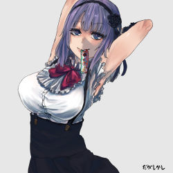 Rule 34 | 10s, 1girl, armpits, arms behind head, arms up, black hairband, black skirt, blue eyes, bow, bowtie, breasts, closed mouth, copyright name, dagashi kashi, food, hairband, high-waist skirt, highres, large breasts, medium hair, misaki nonaka, mouth hold, purple hair, red bow, red bowtie, ringed eyes, shidare hotaru, shirt, skirt, sleeveless, sleeveless shirt, smile, solo, suspender skirt, suspenders, taut clothes, taut shirt, umaibou, white shirt