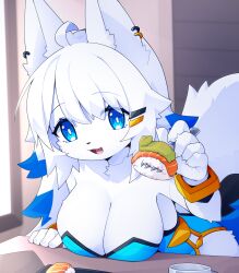 Rule 34 | 1girl, absurdres, animal ears, animal nose, blue dress, blue eyes, blue hair, blush, body fur, breast rest, breasts, breasts on table, bright pupils, cleavage, dev voxy, dress, earrings, food, fork, fox ears, fox girl, fox tail, furry, furry female, hair ornament, highres, holding, holding fork, indoors, jewelry, large breasts, looking at viewer, multicolored hair, open mouth, original, plate, solo, sushi, tail, tongue, white fur, white hair, white pupils, window
