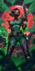 Rule 34 | 1girl, animification, black footwear, black gloves, black hair, bodysuit, boots, breasts, colored smoke, commentary, english commentary, gloves, green bodysuit, green eyes, colored smoke, gun, highres, holding, holding gun, holding weapon, liang xing, looking at viewer, mask, medium breasts, moon, mouth mask, patreon username, red moon, respirator, short hair, smoke, solo, thigh boots, two-tone bodysuit, valorant, viper (valorant), watermark, weapon, web address