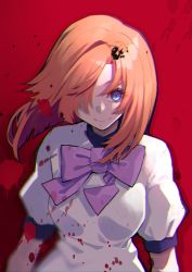 Rule 34 | 1girl, blood, blood on clothes, blood splatter, blue eyes, bow, bowtie, closed mouth, dress, hair over one eye, highres, higurashi no naku koro ni, looking at viewer, medium hair, mikan (chipstar182), one eye covered, orange hair, pink bow, pink bowtie, puffy short sleeves, puffy sleeves, red background, ryuuguu rena, short sleeves, smile, solo, upper body, white dress, wide-eyed