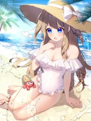 Rule 34 | 1girl, anywhere knock, arm support, bad id, bad pixiv id, barefoot, beach, blue eyes, blue sky, breasts, brown hair, casual one-piece swimsuit, cleavage, cloud, commentary request, commission, crab, day, frilled one-piece swimsuit, frilled swimsuit, frills, highres, long hair, medium breasts, one-piece swimsuit, open mouth, original, outdoors, sitting, skeb commission, sky, swimsuit, white one-piece swimsuit, yokozuwari