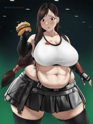 Rule 34 | 1girl, abs, bad id, bad twitter id, belly, blush, breasts, brown eyes, brown hair, burger, cowboy shot, dot nose, earrings, fat, female focus, final fantasy, final fantasy vii, food, gloves, highres, holding, holding food, jewelry, ketchup, large breasts, long hair, looking at viewer, looking down, midriff, miniskirt, navel, plump, ponytail, shirt, skindentation, skirt, solo, spilling, suspenders, tank top, taut clothes, taut shirt, thighhighs, tifa lockhart, toroboro