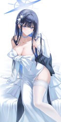 Rule 34 | 1girl, absurdres, arm support, back bow, bare shoulders, blue archive, blue eyes, blue hair, bow, breasts, choker, cleavage, closed mouth, covered navel, dark blue hair, dress, earrings, elbow gloves, flower, garter straps, gloves, hair flower, hair ornament, halo, hand up, hi irim, highres, jewelry, large breasts, looking at viewer, official alternate costume, saori (blue archive), saori (dress) (blue archive), simple background, sitting, solo, thighhighs, white background, white choker, white dress, white flower, white gloves, white thighhighs