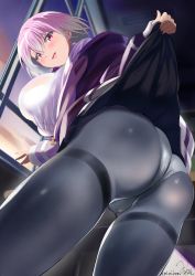 Rule 34 | 1girl, absurdres, ass, black pantyhose, black skirt, blush, breasts, clothes lift, gridman universe, highres, jacket, large breasts, lifting own clothes, light purple hair, looking at viewer, looking back, mi mi ham, off shoulder, open mouth, panties, panties under pantyhose, pantyhose, purple eyes, purple jacket, shinjou akane, shirt, short hair, signature, skirt, skirt lift, sleeves past wrists, smile, solo, ssss.gridman, thighband pantyhose, underwear, white shirt, window, zipper