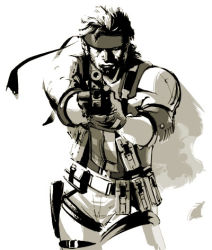 Rule 34 | 1boy, gun, headband, lowres, male focus, metal gear (series), metal gear solid 2: sons of liberty, monochrome, sepia, solid snake, solo, weapon