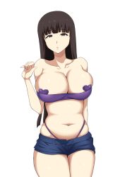 Rule 34 | 10s, 1girl, bare shoulders, black hair, blush, breasts, brown eyes, cleavage, girls und panzer, iita nori, large breasts, long hair, looking at viewer, midriff, navel, nishizumi shiho, solo