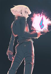 Rule 34 | 1boy, ass, bae (baebae), blonde hair, blue fire, fire, from behind, gloves, half gloves, highres, lio fotia, male focus, muted color, pants, pink fire, promare, purple eyes, purple fire, pyrokinesis, solo, spot color, tight clothes, tight pants