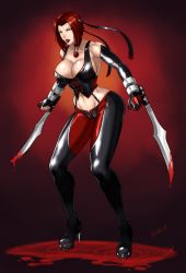 Rule 34 | 1girl, amulet, armor, blood, bloodrayne, bloody weapon, breasts, choker, cleavage, devil-v, dhampir, elbow gloves, fangs, fingerless gloves, gloves, green eyes, half-human, half-undead, halterneck, halterneck, highres, large breasts, leather armor, mixed species, nail polish, red hair, standing, undead, vampire, weapon
