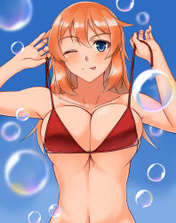 Rule 34 | 1girl, bikini, bikini top lift, blue eyes, blush, breasts, brown hair, bubble, charlotte e. yeager, clothes lift, collarbone, day, female focus, highres, hiroshi (hunter-of-kct), large breasts, navel, one eye closed, red bikini, sky, smile, solo, strike witches, swimsuit, tongue, world witches series