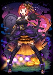 Rule 34 | 1girl, bat (animal), black gloves, black thighhighs, blush, breasts, earrings, gloves, halloween, highres, jack-o&#039;-lantern, jewelry, kiritani846, large breasts, long hair, looking at viewer, open mouth, original, pumpkin, purple thighhighs, red eyes, red hair, side ponytail, smile, solo, striped clothes, striped thighhighs, thighhighs, tombstone, vertical-striped clothes, vertical-striped thighhighs