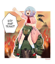 Rule 34 | &gt; &lt;, 1boy, 1girl, armor, artist name, bat wings, blue hair, blurry, blurry background, brooch, carrying, clenched hand, closed eyes, commentary, doom (series), doomguy, dress, english commentary, english text, fang, flapping, hell, highres, jewelry, nail polish, no headwear, open mouth, outline, pink dress, pointy ears, praetor suit, red footwear, red nails, red neckwear, remilia scarlet, short hair, shoulder carry, speech bubble, touhou, unamused, white legwear, white outline, wings, yoruny