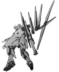 Rule 34 | absurdres, char&#039;s counterattack, funnels (gundam), greyscale, gun, gundam, highres, holding, holding gun, holding weapon, ishiyumi, looking down, mecha, mobile suit, monochrome, no humans, nu gundam, robot, science fiction, shield, solo, v-fin, weapon, white background