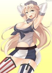 Rule 34 | 10s, 1girl, american flag legwear, asymmetrical legwear, bad id, bad twitter id, blonde hair, blue eyes, blush, breasts, cleavage, elbow gloves, front-tie top, garter straps, gloves, gradient background, grey eyes, hair between eyes, headgear, huge breasts, iowa (kancolle), kankitsunabe (citrus), kantai collection, long hair, looking at viewer, miniskirt, mismatched legwear, open mouth, skirt, solo, star-shaped pupils, star (symbol), striped clothes, striped skirt, striped thighhighs, symbol-shaped pupils, thighhighs, vertical-striped clothes, vertical-striped skirt, vertical-striped thighhighs, zettai ryouiki
