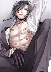 Rule 34 | 10s, 1boy, black hair, covering privates, covering crotch, eyepatch, lipstick, lipstick mark, looking at viewer, makeup, male focus, open clothes, open shirt, pectorals, red lips, shirt, shokudaikiri mitsutada, sitting, smile, spread legs, touken ranbu, yellow eyes