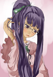 Rule 34 | 1girl, alternate hairstyle, bespectacled, glasses, hair ribbon, long hair, no headwear, no headwear, open mouth, patchouli knowledge, ponytail, purple eyes, purple hair, ribbon, solo, touhou, upper body, very long hair, yohane