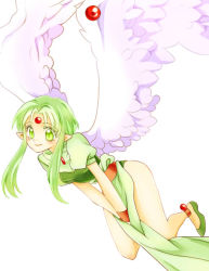 Rule 34 | 1990s (style), 1girl, angel, angel wings, bare legs, finn fish, flying, green eyes, green hair, kamikaze kaitou jeanne, long hair, matching hair/eyes, pointy ears, puffy short sleeves, puffy sleeves, short sleeves, solo, v arms, white background, wings, yoshika (draw-happy-picture)