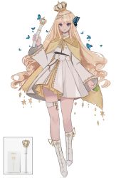 Rule 34 | 1girl, apple, blonde hair, blue eyes, boots, bug, butterfly, cape, crown, dress, food, fruit, full body, green apple, highres, insect, ish (limeariee), light stick, long hair, long sleeves, loona (group), personification, reference inset, solo, thigh strap, white background, white dress, white footwear, wide sleeves, yellow cape