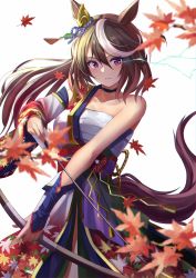 Rule 34 | 1girl, absurdres, animal ears, arrow (projectile), autumn leaves, bare shoulders, bow, bow (weapon), breasts, brown hair, chakuma (yiyh1468), chest sarashi, choker, collar, elbow gloves, eye trail, gloves, hadanugi dousa, highres, horse ears, horse girl, horse tail, japanese clothes, kimono, leaf, light trail, lightning, lightning glare, looking at viewer, official alternate costume, open clothes, open kimono, purple eyes, sarashi, solo, symboli rudolf (archer of the white moon) (umamusume), symboli rudolf (umamusume), tail, umamusume, weapon, white background, white hair
