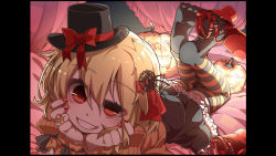 Rule 34 | 1girl, black skirt, black thighhighs, blonde hair, bow, grin, hair between eyes, hair ribbon, hat, hat bow, head rest, highres, indoors, jack-o&#039;-lantern, looking at viewer, lying, nail polish, on bed, on stomach, pumpkin, red bow, red eyes, red footwear, red ribbon, ribbon, rumia, shamo (koumakantv), shoes, skirt, smile, solo, striped clothes, striped thighhighs, teeth, thighhighs, top hat, touhou