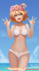 Rule 34 | 10s, 1girl, :d, aqua eyes, bad id, bad pixiv id, bikini, blonde hair, blue sky, breasts, character name, cleavage, cloud, copyright name, day, double v, female focus, flower, freyja wion, gradient background, green eyes, hair flower, hair ornament, head wreath, heart, heart hair ornament, looking at viewer, macross, macross delta, medium breasts, nail polish, navel, ocean, open mouth, ousang, outdoors, plant, red nails, short hair, sky, smile, solo, standing, swimsuit, v, white bikini
