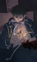 Rule 34 | 1boy, abs, aiguillette, amestris military uniform, bad id, bad twitter id, biting, black hair, black jacket, blood, blood on face, blood stain, collared jacket, fire, fullmetal alchemist, furrowed brow, gloves, grimace, highres, holding, injury, jacket, lighter, long sleeves, looking down, male focus, military, military uniform, open clothes, open jacket, pain, roy mustang, shadow, single glove, sitting, solo, sparks, sweat, torn clothes, translation request, tsuchinoeichi kuchi, uniform, upper body, white gloves