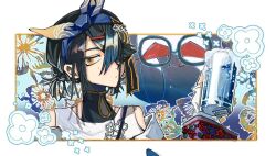 Rule 34 | black hair, blue hairband, brown eyes, cup, fate/grand order, fate (series), floral background, glasses, hair ornament, hair over one eye, hairband, holding, holding cup, kongnan 147, looking at viewer, mole, mole under eye, mug, short hair, stuffed toy, white background, xu fu (fate), yu mei-ren (fate)