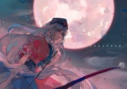 Rule 34 | 1girl, apple da-ze, arrow (projectile), blue dress, blue hat, blue sleeves, bow (weapon), braid, breasts, dated, dress, hair between eyes, hand up, hat, highres, long hair, looking to the side, medium breasts, moon, night, night sky, open mouth, puffy short sleeves, puffy sleeves, red dress, red sleeves, short sleeves, silver hair, sky, solo, touhou, weapon, yagokoro eirin