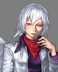 Rule 34 | 1girl, alternate costume, bandana, cigarette, envenomist (gengoroumaru), grey hair, hair between eyes, holding, holding cigarette, jacket, kishin sagume, long sleeves, looking at viewer, open clothes, open jacket, open mouth, red eyes, shirt, short hair, single wing, smile, smoking, solo, touhou, uneven eyes, upper body, white hair, wings