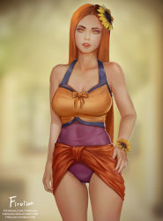 Rule 34 | 1girl, artist name, blurry, blurry background, breasts, brown eyes, brown hair, cleavage, cowboy shot, firolian, flower, hair flower, hair ornament, hand on own hip, highres, large breasts, league of legends, leona (league of legends), lips, long hair, looking at viewer, one-piece swimsuit, orange one-piece swimsuit, parted lips, patreon username, pool party leona, purple one-piece swimsuit, sarong, solo, standing, sunflower, swimsuit, thighs, tumblr username, very long hair, watermark, web address
