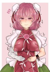 Rule 34 | 1girl,  eyes, arm under breasts, bandaged arm, bandages, breasts, closed mouth, double bun, flower, hair bun, highres, ibaraki kasen, large breasts, looking at viewer, pink flower, pink hair, red ribbon, red tabard, ribbon, tabard, touhou, washiwa