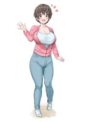 Rule 34 | :d, absurdres, arm at side, blush, breasts, brown eyes, brown hair, cleavage, denim, full body, hand up, highres, hogey nk-2000, hood, hood down, hoodie, idolmaster, idolmaster cinderella girls, jeans, large breasts, long sleeves, looking at viewer, oikawa shizuku, open clothes, open hoodie, open mouth, pants, partially unzipped, pink hoodie, shirt, short hair, simple background, smile, standing, waving, white background, white shirt