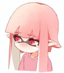 Rule 34 | 1girl, closed mouth, domino mask, inkling, inkling girl, inkling player character, light blush, light frown, mask, namori, nintendo, no nose, pink hair, pink shirt, pointy ears, red eyes, sad, shirt, sidelocks, simple background, solo, splatoon (series), tears, upper body, white background