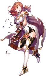 Rule 34 | 1girl, arm guards, armor, black thighhighs, book, breastplate, cape, celica (fire emblem), detached collar, dress, earrings, fingerless gloves, fire emblem, fire emblem echoes: shadows of valentia, fire emblem heroes, fujikawa arika, full body, gloves, hair ornament, highres, holding, injury, jewelry, long hair, looking away, nintendo, official art, one eye closed, open mouth, puffy sleeves, red armor, red eyes, red hair, ryona, short dress, short sleeves, solo, thighhighs, tiara, torn clothes, transparent background, white armor, zettai ryouiki
