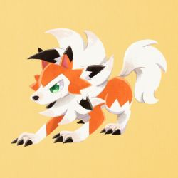 Rule 34 | animal focus, claws, closed mouth, commentary request, creatures (company), from side, full body, game freak, gen 7 pokemon, green eyes, lycanroc, lycanroc (dusk), nintendo, no humans, oniwa nwai, pokemon, pokemon (creature), simple background, smile, solo, spikes, white fur, yellow background