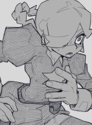 Rule 34 | 1girl, annie (skullgirls), belt pouch, bone nig, eyepatch, greyscale, hair over one eye, highres, juliet sleeves, long sleeves, monochrome, open mouth, pouch, puffy sleeves, skirt, skullgirls, solo, surprised, sweat