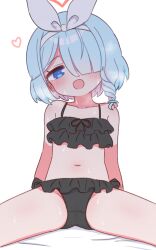 Rule 34 | 1girl, :d, arona (blue archive), bare shoulders, bikini, bikini skirt, black bikini, blue archive, blue eyes, blue hair, blush, frilled bikini, frills, hair over one eye, half-closed eyes, halo, headband, heart, heart halo, highres, looking at viewer, naga u, navel, open mouth, short hair, simple background, sitting, smile, solo, spread legs, sweat, swimsuit, white background
