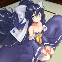 Rule 34 | + +, 1girl, asymmetrical legwear, azur lane, bare shoulders, black hair, blue eyes, blue kimono, blurry, blurry background, blush, bow, closed mouth, collarbone, commentary request, depth of field, flat chest, hair between eyes, hair bow, high ponytail, indoors, japanese clothes, kimono, long hair, long sleeves, looking at viewer, md5 mismatch, nipple slip, nipples, ponta (velmar), resolution mismatch, single thighhigh, sitting, sleeves past wrists, solo, source larger, strapless, thighhighs, uneven legwear, very long hair, wariza, white bow, white thighhighs, wide sleeves, yoizuki (azur lane)
