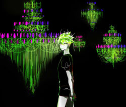 Rule 34 | 1other, androgynous, arms behind back, chandelier, cowboy shot, crystal hair, floating hair, from side, gem uniform (houseki no kuni), green diamond (houseki no kuni), green hair, green nails, green theme, hair between eyes, highres, houseki no kuni, looking at viewer, looking to the side, other focus, own hands together, puffy short sleeves, puffy sleeves, red hair, short hair, short sleeves, smile, solo, sparkle, tezo (mokka mk)